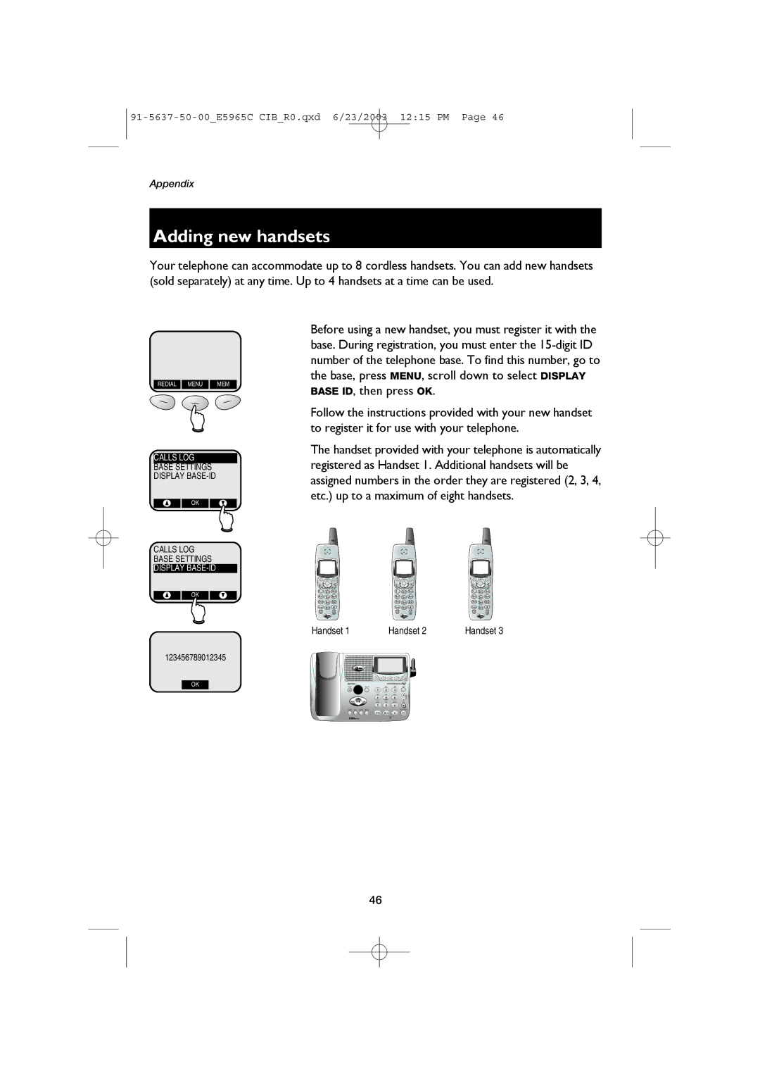 AT&T AT&T E5965C user manual Adding new handsets, Handset 