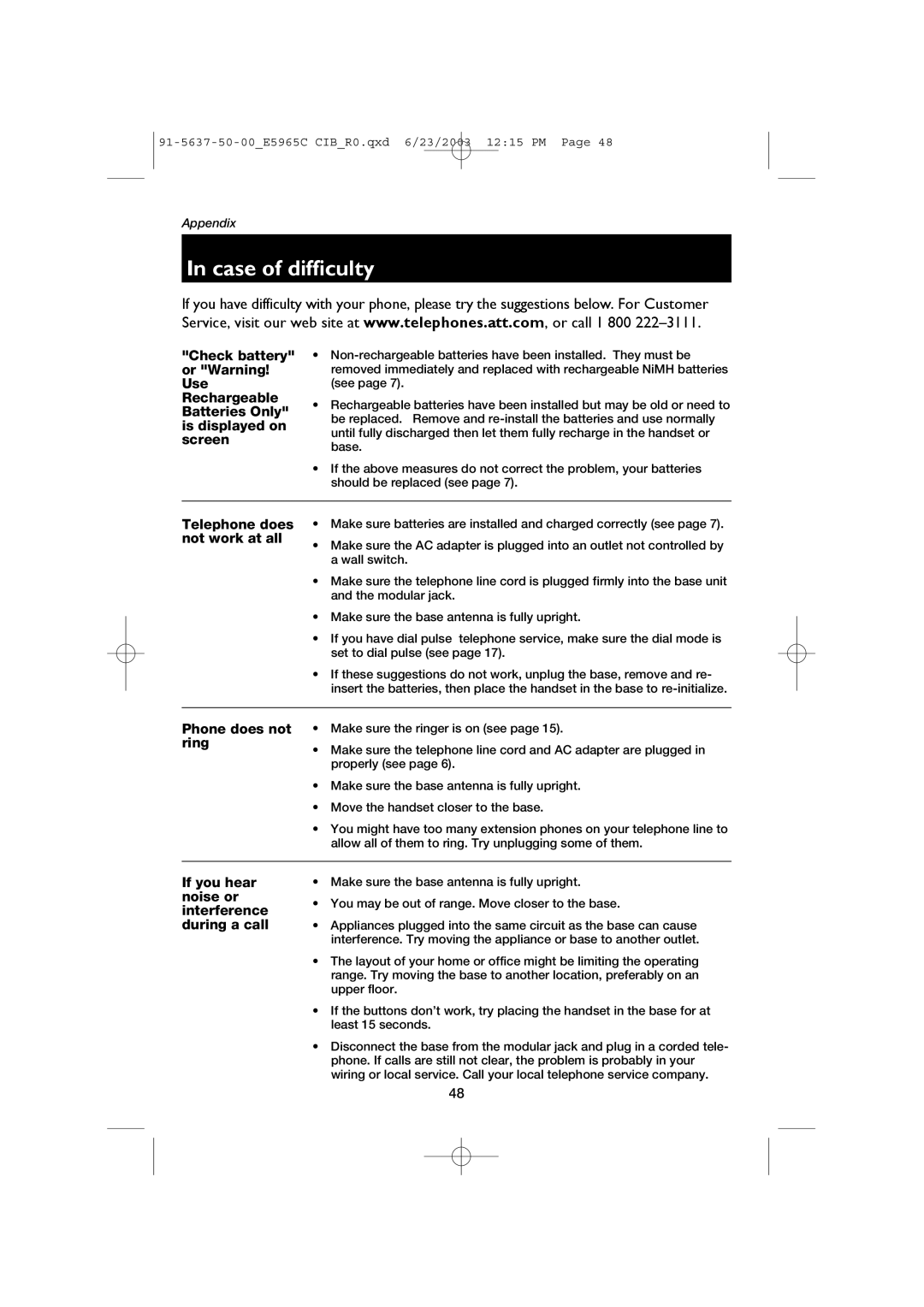 AT&T AT&T E5965C user manual Case of difficulty, Telephone does not work at all 