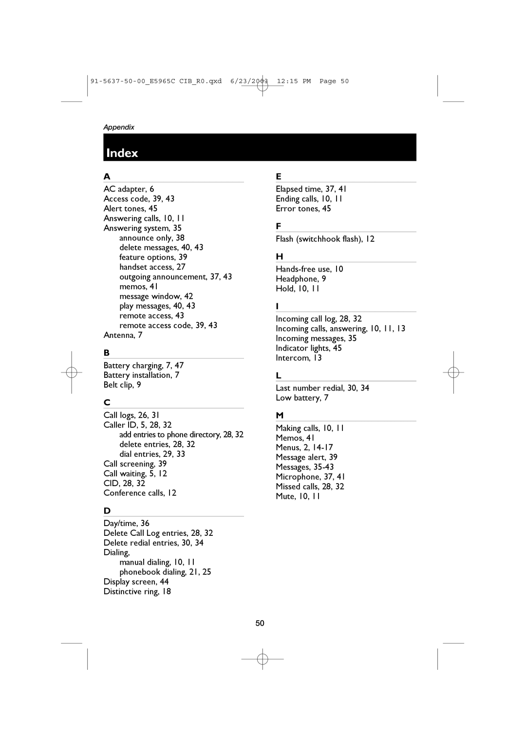 AT&T AT&T E5965C user manual Index 