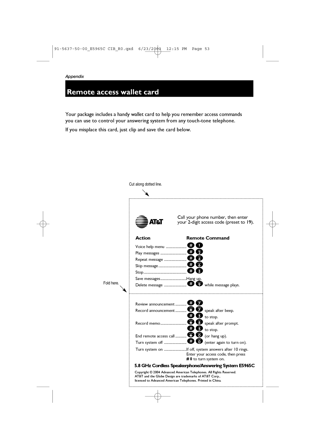 AT&T AT&T E5965C user manual Remote access wallet card, Cut along dotted line, Fold here 