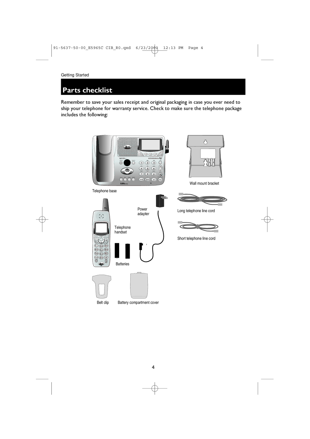 AT&T AT&T E5965C user manual Parts checklist, Wall mount bracket Telephone base Power, Adapter 