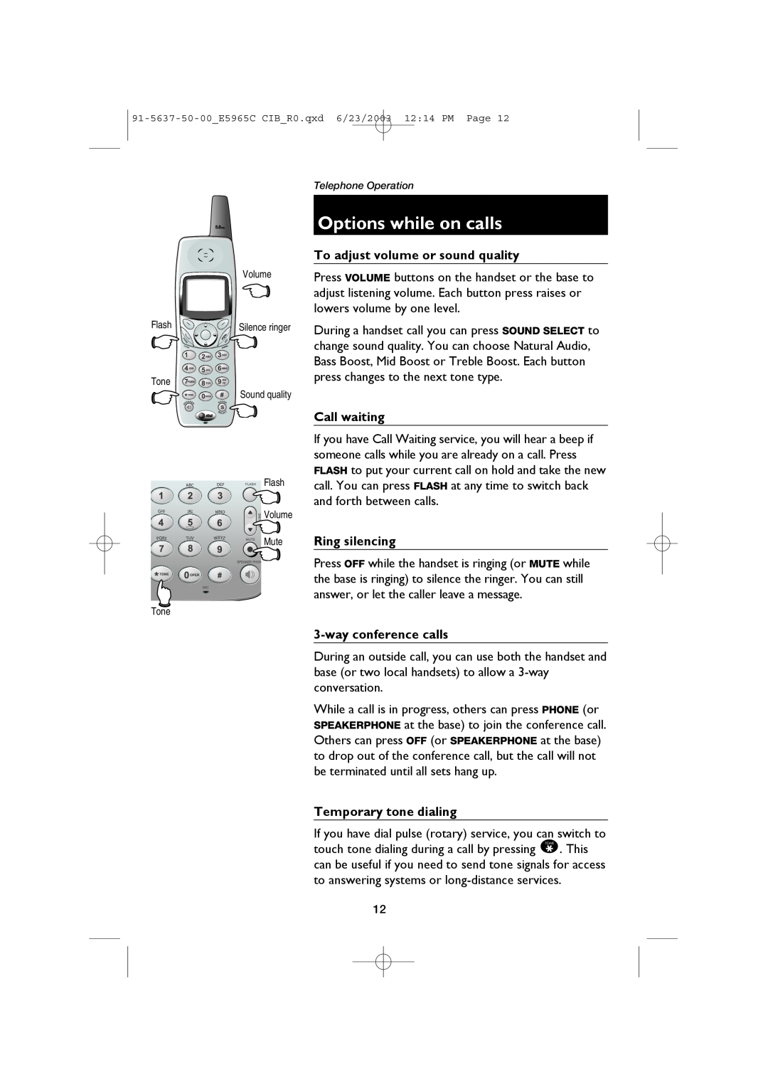 AT&T AT&T E5965C user manual Options while on calls, To adjust volume or sound quality, Call waiting, Ring silencing 