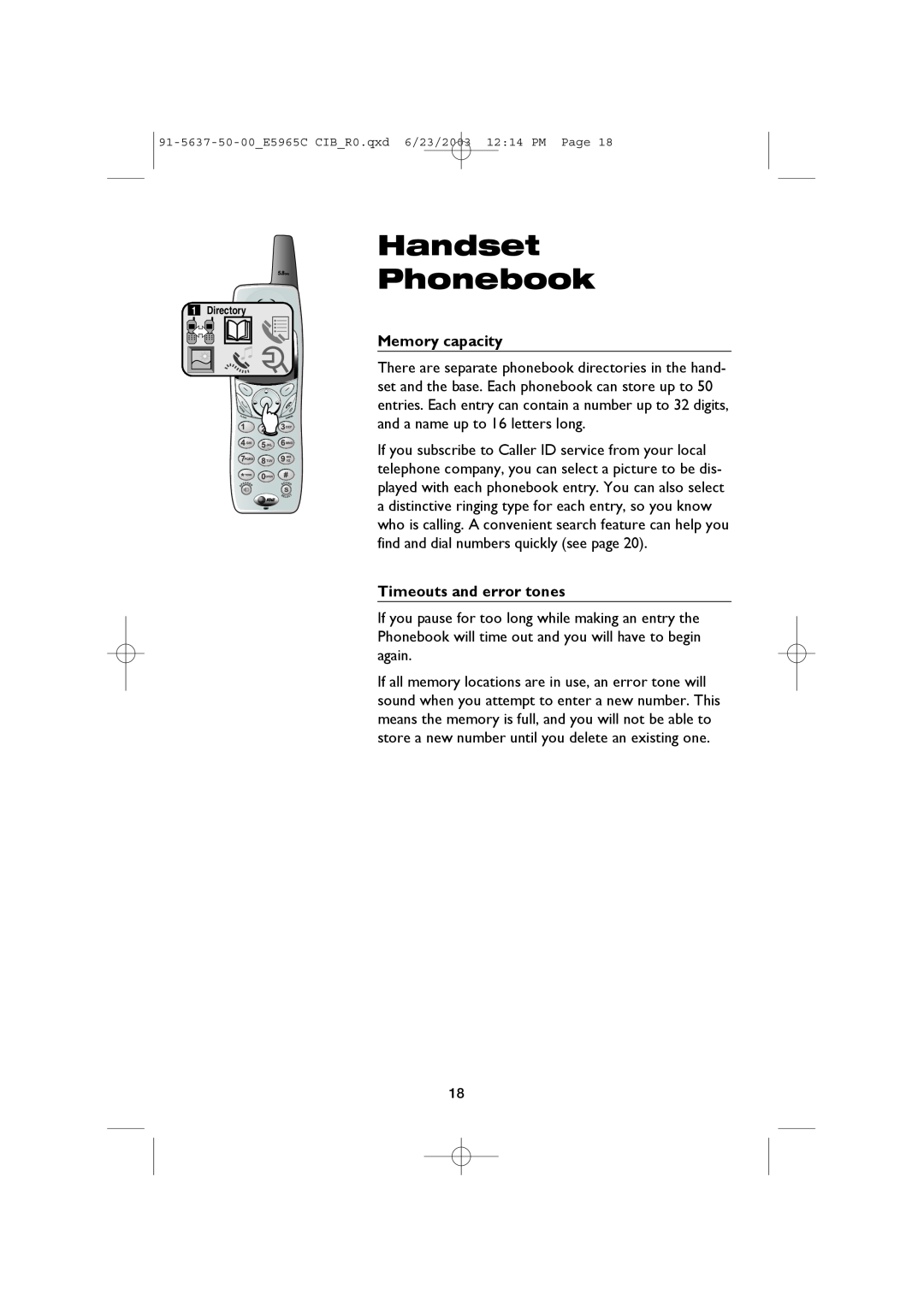 AT&T AT&T E5965C user manual Handset Phonebook, Memory capacity, Timeouts and error tones 