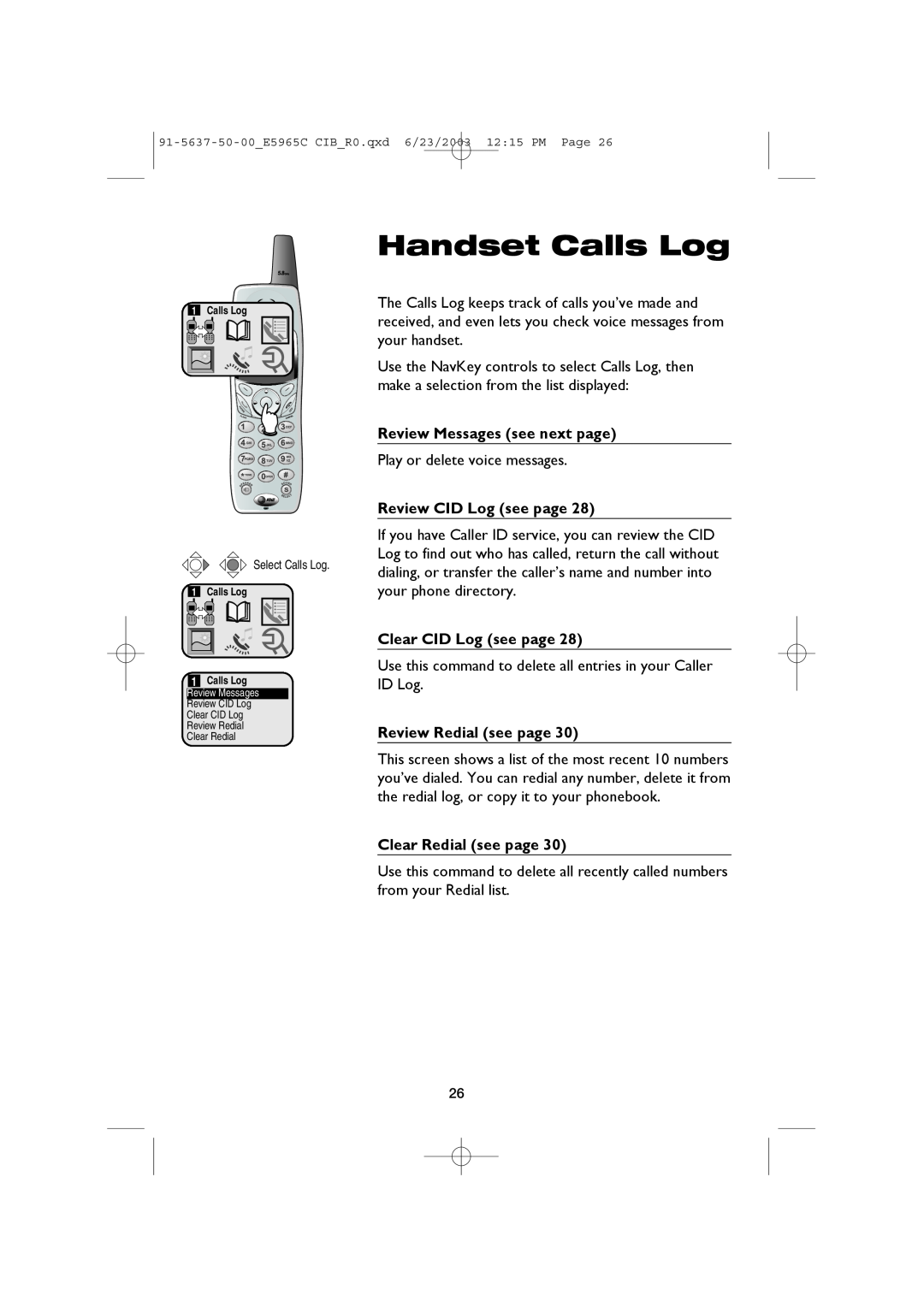 AT&T AT&T E5965C Handset Calls Log, Review Messages see next page, Review CID Log see page, Clear CID Log see page 