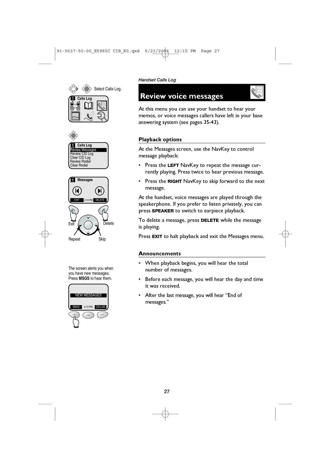 AT&T AT&T E5965C user manual Review voice messages, Playback options, Announcements 