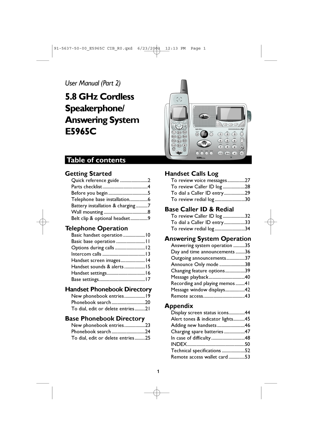 AT&T Table of contents, GHz Cordless Speakerphone/ Answering System E5965C, User Manual Part, Getting Started, Appendix 