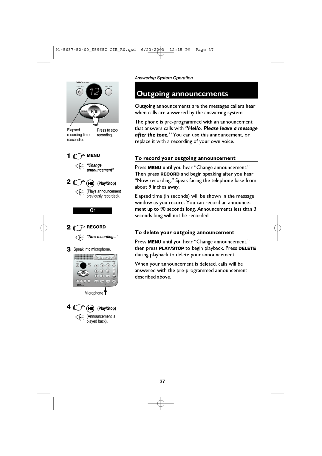 AT&T E5965C user manual Outgoing announcements, To record your outgoing announcement, To delete your outgoing announcement 
