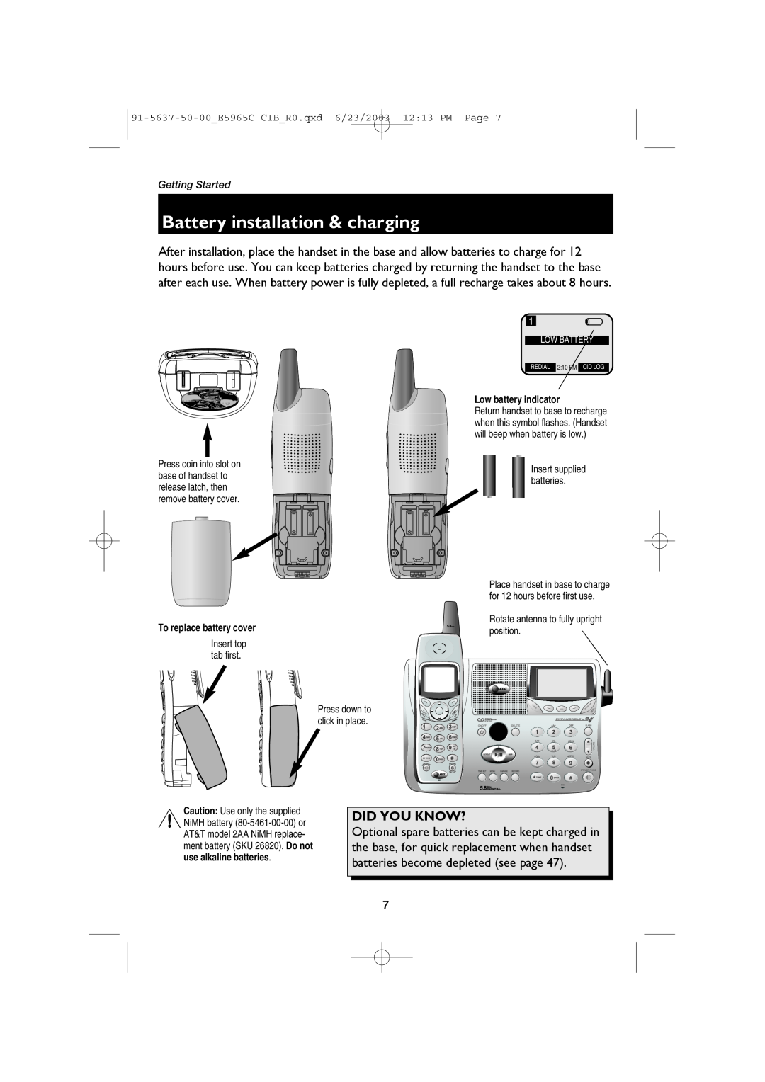AT&T E5965C Battery installation & charging, Did You Know? Did You Know?, Getting Started, Low battery indicator 
