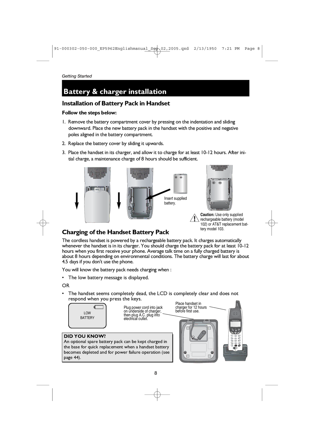 AT&T ATT-EP5962 user manual Battery & charger installation, Installation of Battery Pack in Handset, Follow the steps below 