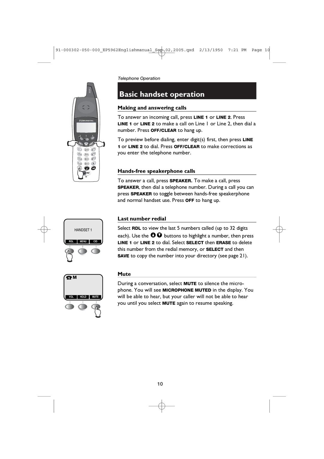 AT&T ATT-EP5962 Basic handset operation, Making and answering calls, Hands-free speakerphone calls, Last number redial 