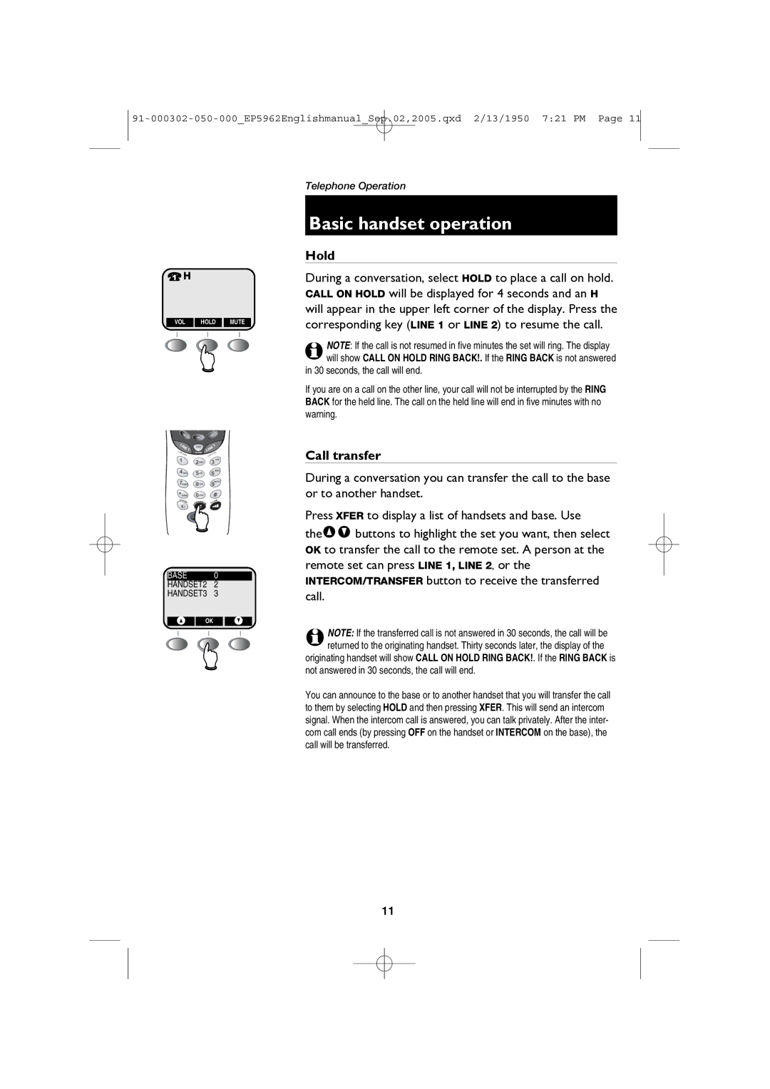 AT&T ATT-EP5962 user manual Hold, Call transfer 