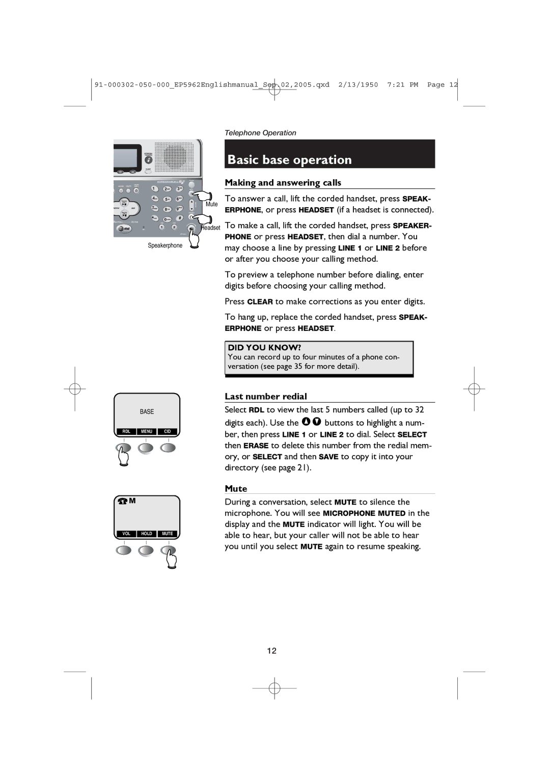 AT&T ATT-EP5962 user manual Basic base operation 