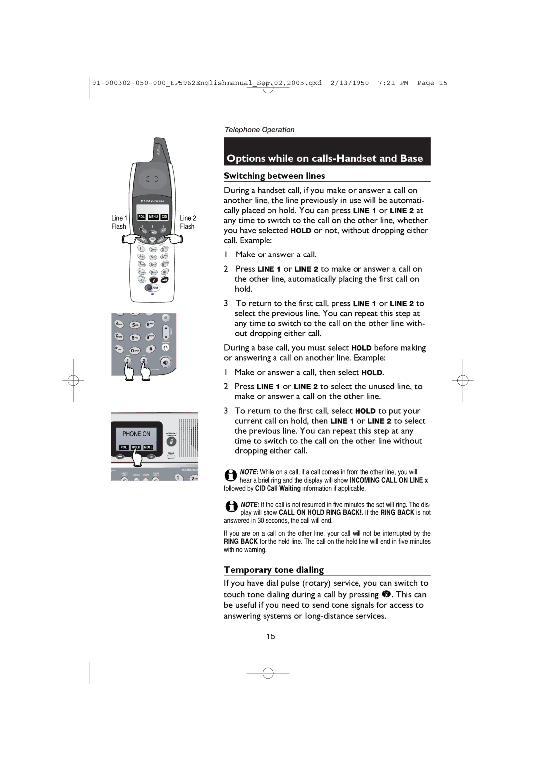 AT&T ATT-EP5962 user manual Switching between lines, Temporary tone dialing 