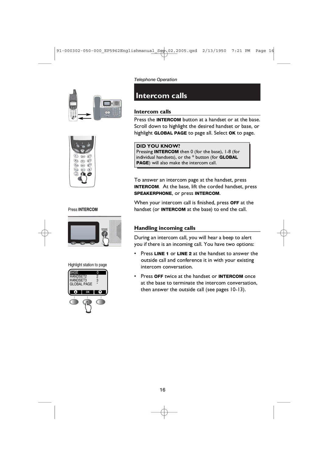 AT&T ATT-EP5962 user manual Intercom calls, Handling incoming calls, Press Intercom, Highlight station to 