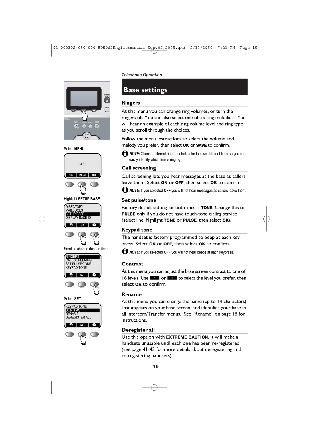 AT&T ATT-EP5962 user manual Base settings, Call screening, Set pulse/tone, Deregister all, Highlight Setup Base 