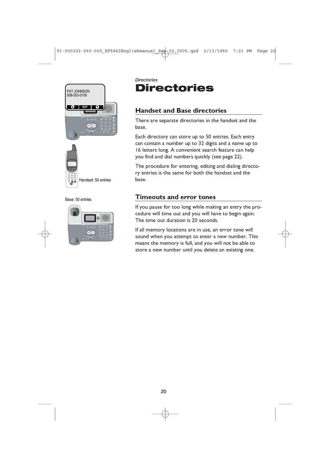 AT&T ATT-EP5962 user manual Directories, Handset 50 entries Base 50 entries 