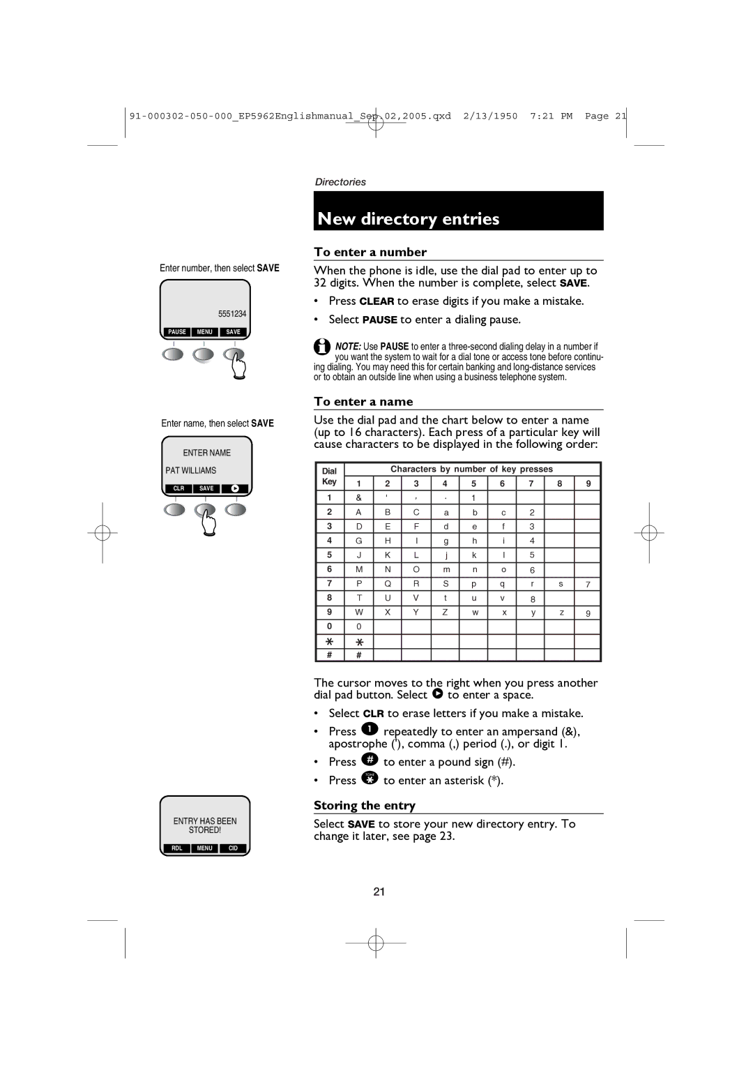 AT&T ATT-EP5962 user manual New directory entries, To enter a number, To enter a name, Storing the entry 