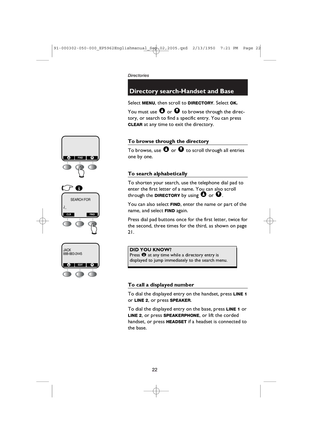 AT&T ATT-EP5962 user manual To browse through the directory, To search alphabetically, To call a displayed number 