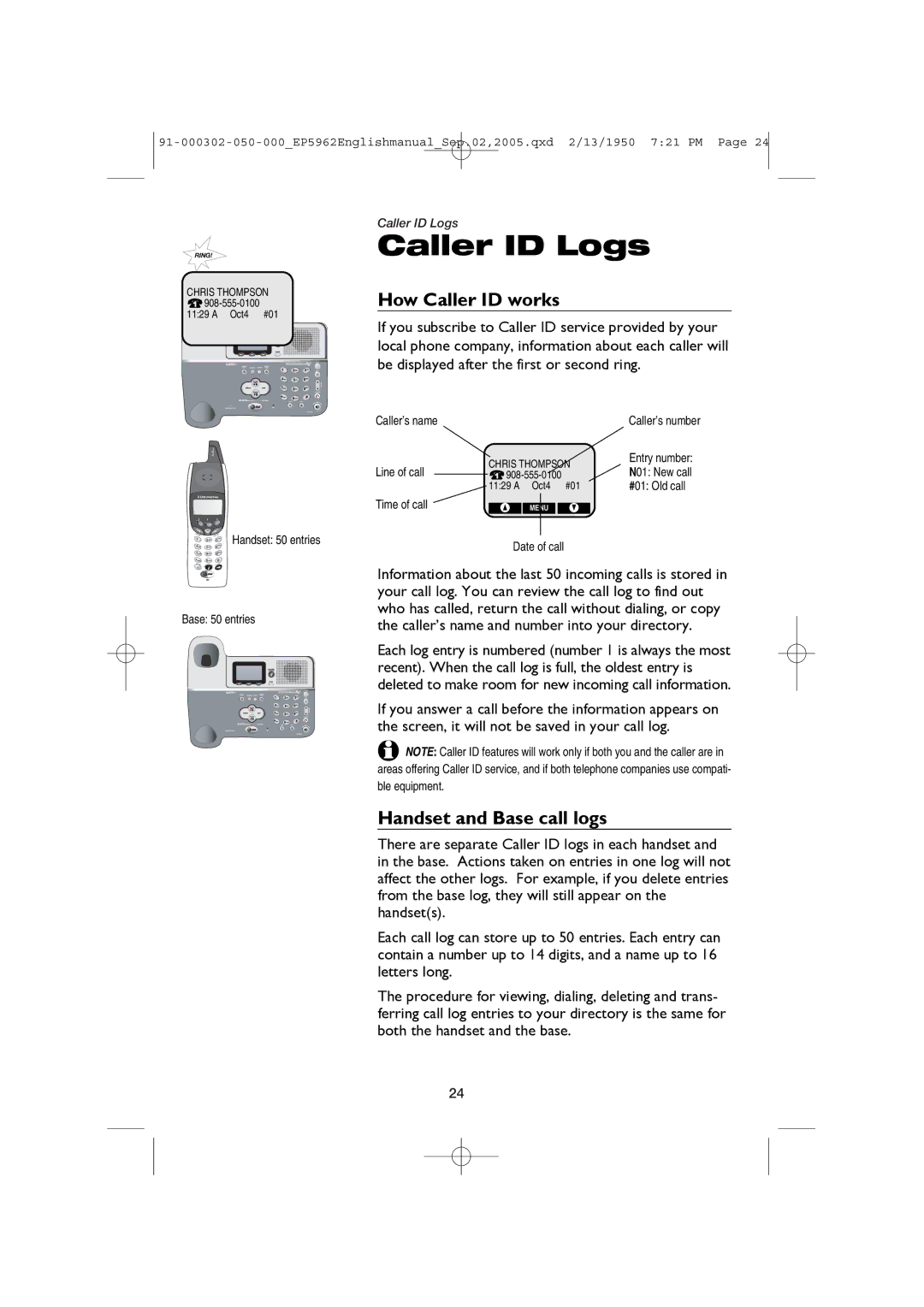 AT&T ATT-EP5962 user manual How Caller ID works, Handset and Base call logs 