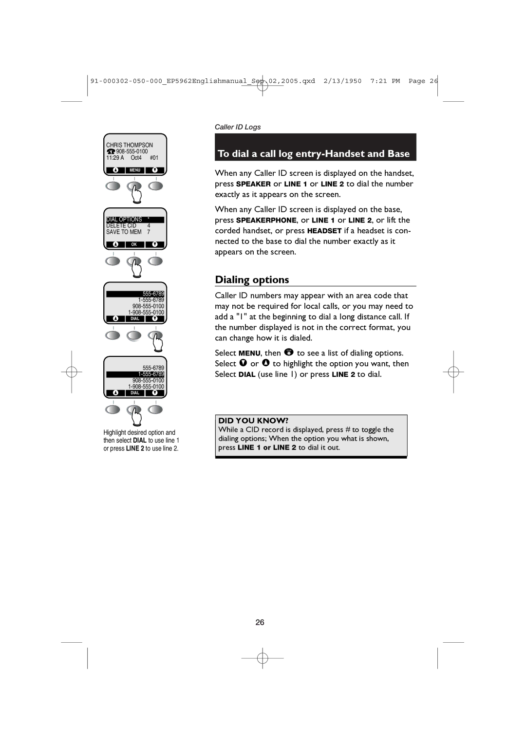 AT&T ATT-EP5962 user manual Dialing options, To dial a call log entry-Handset and Base 