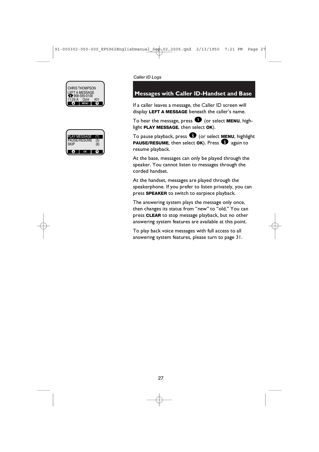 AT&T ATT-EP5962 user manual Messages with Caller ID-Handset and Base 