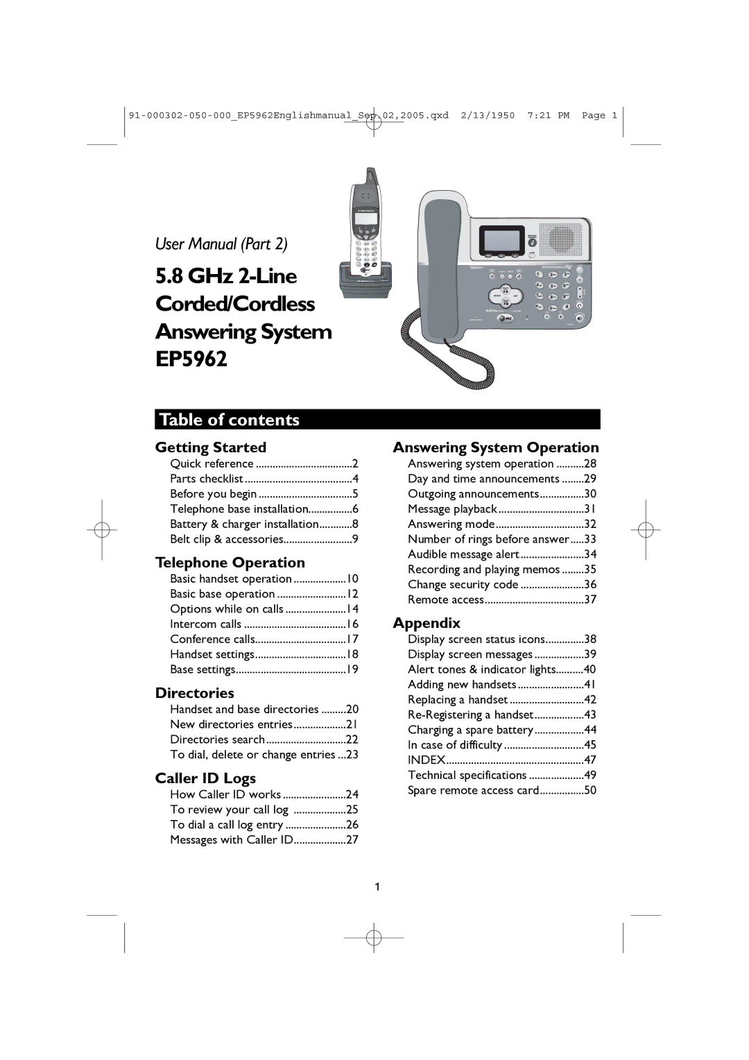 AT&T ATT-EP5962 user manual Table of contents 