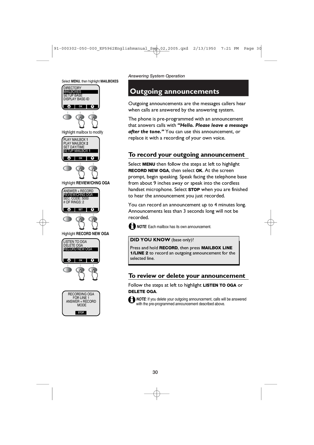 AT&T ATT-EP5962 Outgoing announcements, To record your outgoing announcement, To review or delete your announcement 