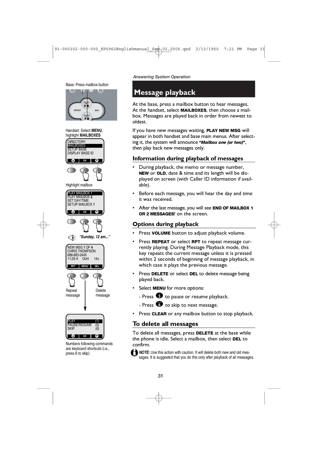 AT&T ATT-EP5962 user manual Message playback, To delete all messages, Base Press mailbox button, Highlight mailbox 