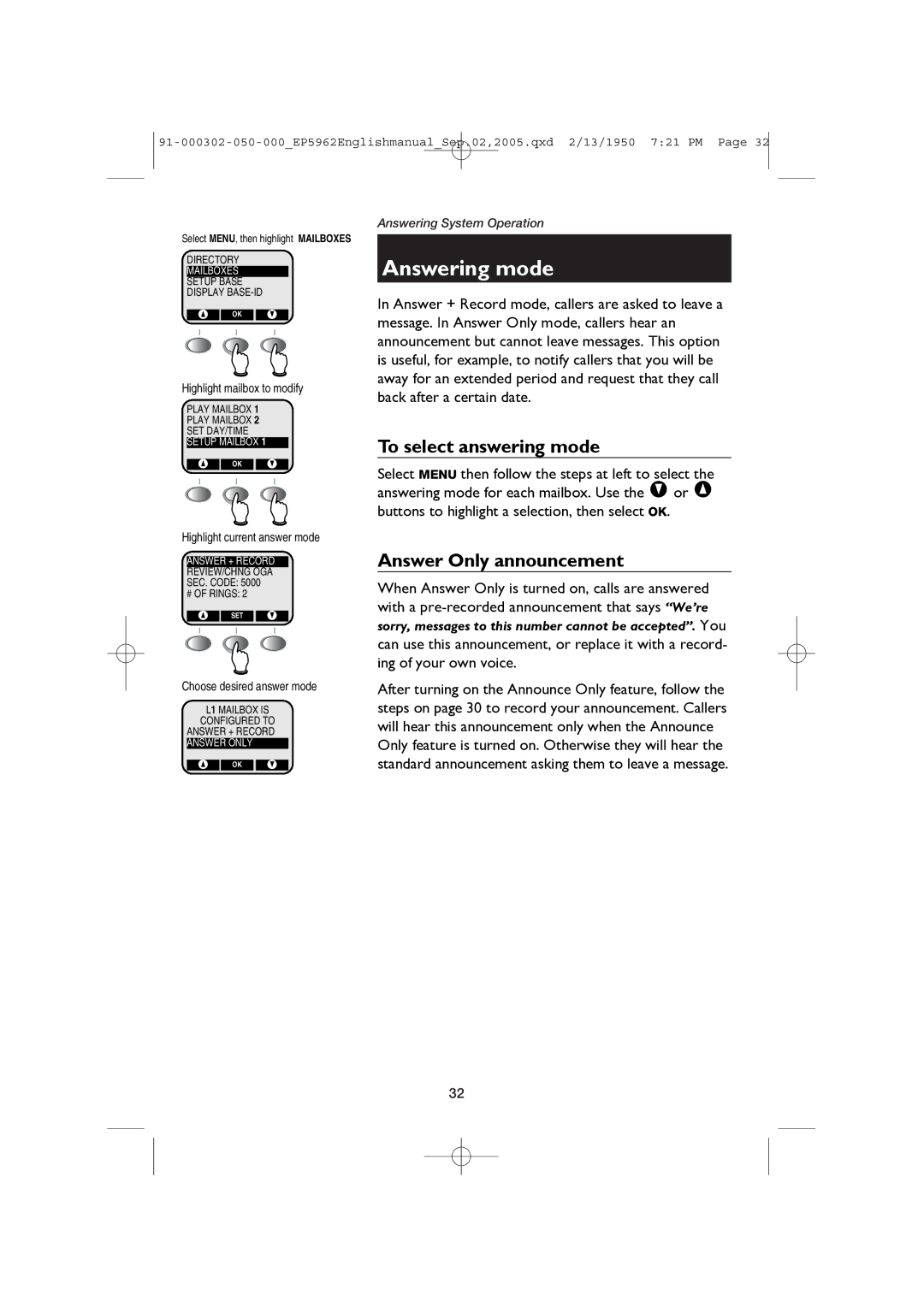 AT&T ATT-EP5962 Answering mode, To select answering mode, Answer Only announcement, Highlight current answer mode 