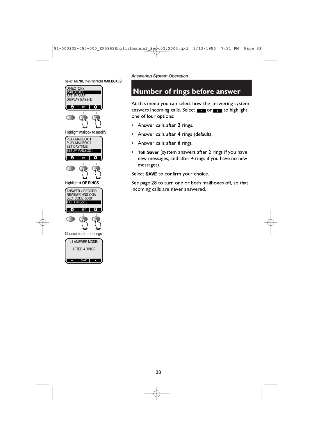 AT&T ATT-EP5962 user manual Number of rings before answer, Highlight # of Rings, Choose number of rings 