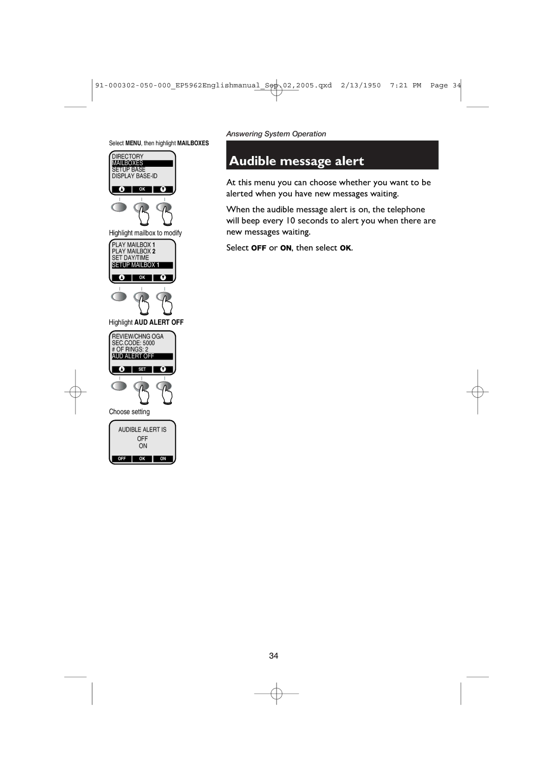 AT&T ATT-EP5962 user manual Audible message alert, Highlight AUD Alert OFF, Choose setting 