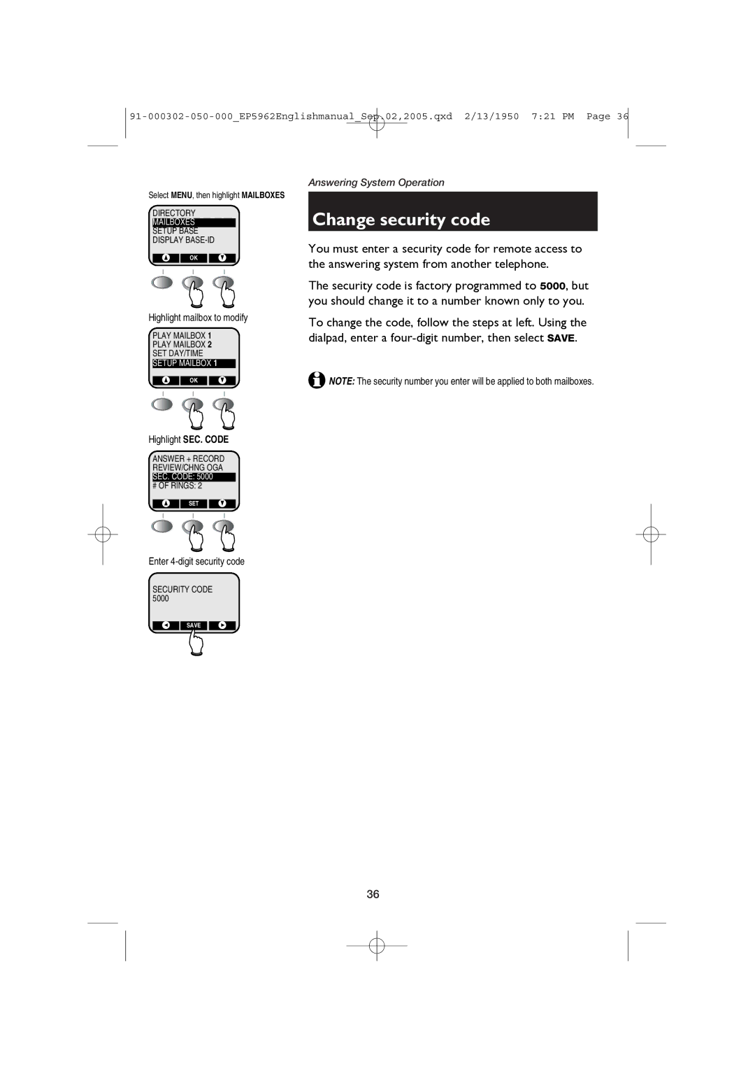 AT&T ATT-EP5962 user manual Change security code, Highlight SEC. Code, Enter 4-digit security code 