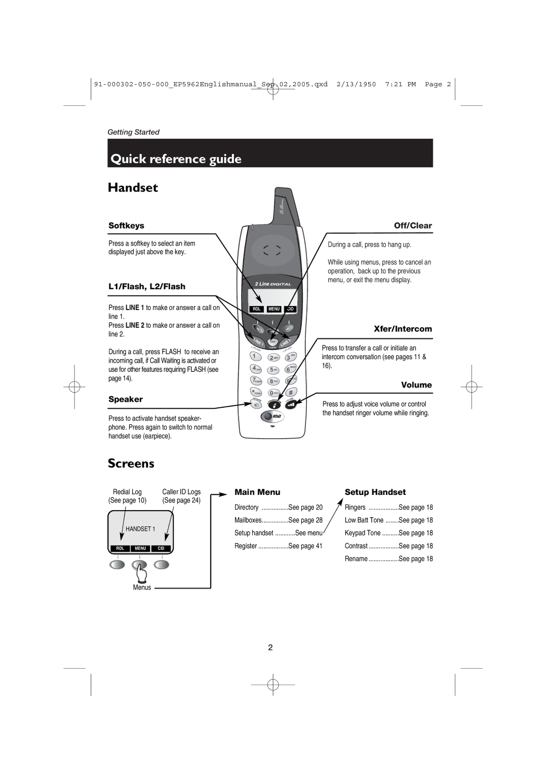 AT&T ATT-EP5962 user manual Quick reference guide, See menu, Menus 