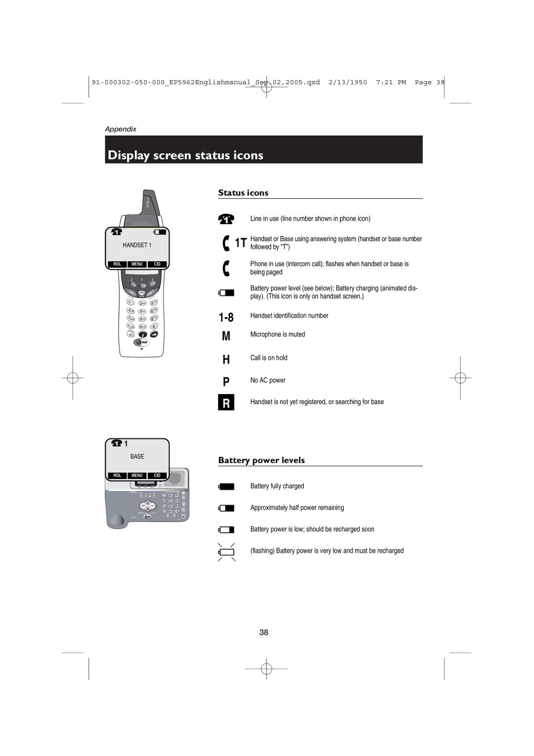 AT&T ATT-EP5962 user manual Display screen status icons, Status icons, Battery power levels 