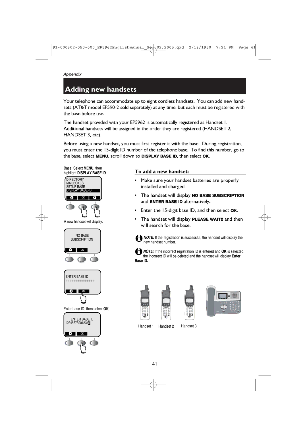 AT&T ATT-EP5962 user manual Adding new handsets, To add a new handset, Base ID 