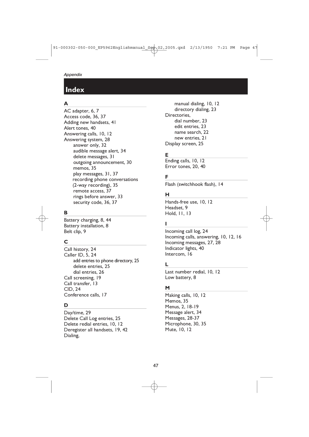 AT&T ATT-EP5962 user manual Index 