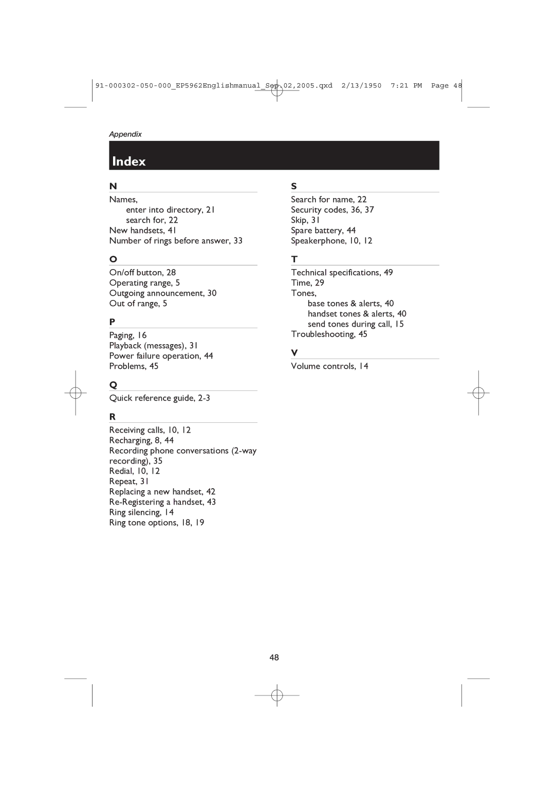 AT&T ATT-EP5962 user manual Index 