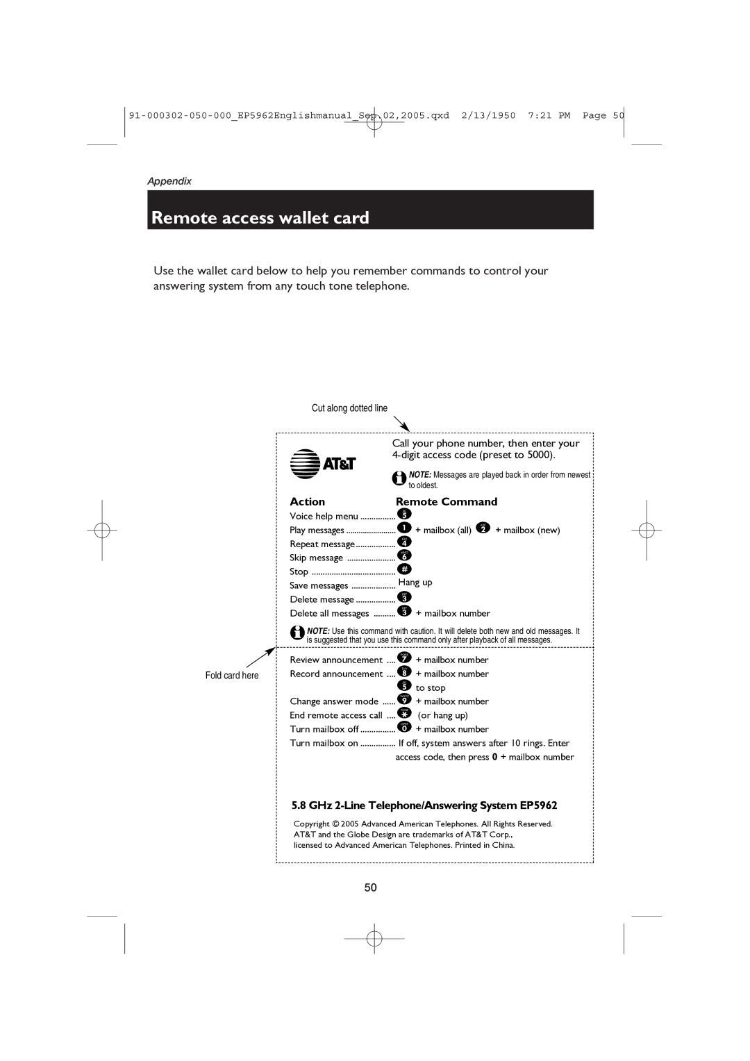 AT&T ATT-EP5962 user manual Remote access wallet card, Cut along dotted line, Fold card here 