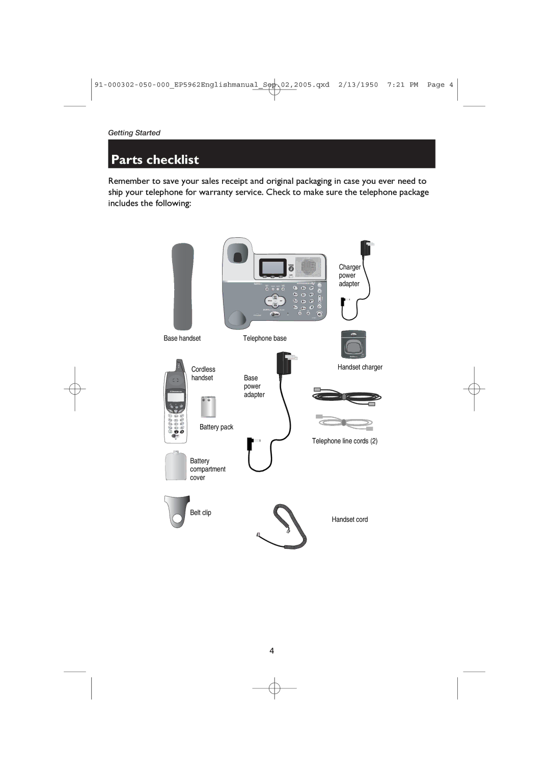 AT&T ATT-EP5962 user manual Parts checklist, Base handset Telephone base Cordless 