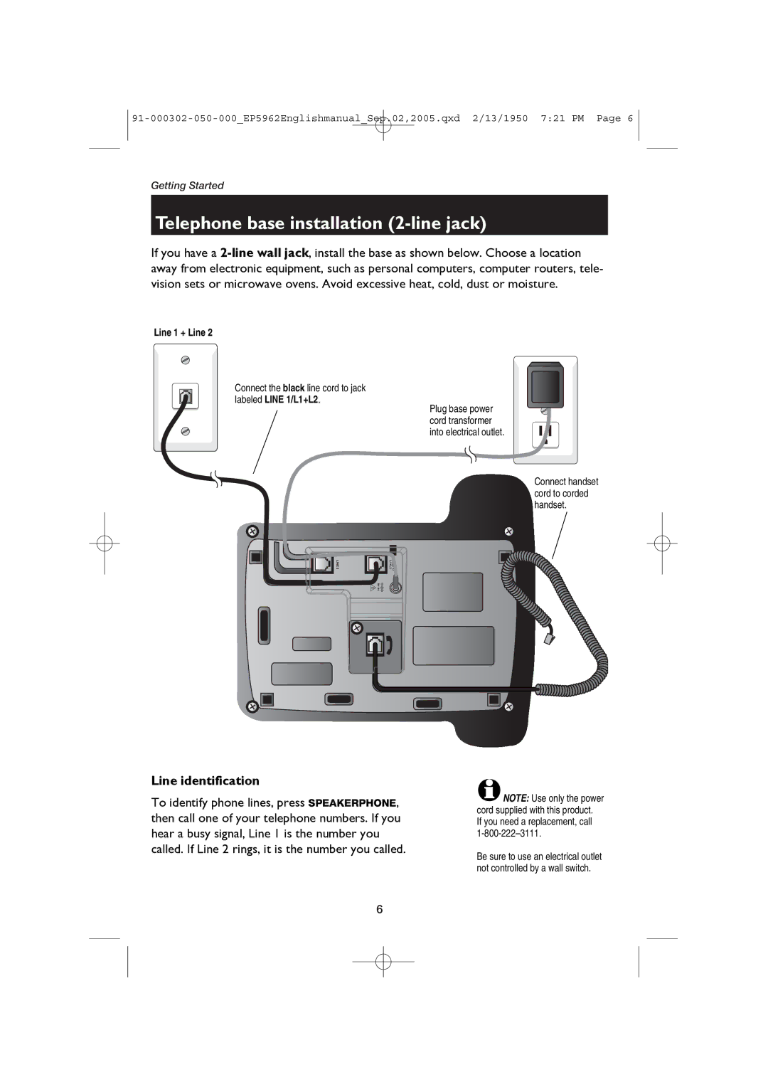 AT&T ATT-EP5962 Telephone base installation 2-line jack, Line identification, Line 1 + Line, Labeled Line 1/L1+L2 