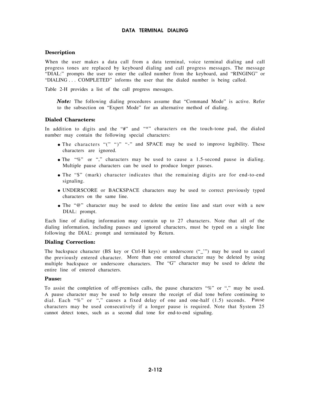 AT&T AT&T manual Dialed Characters, Dialing Correction, Pause, 112 