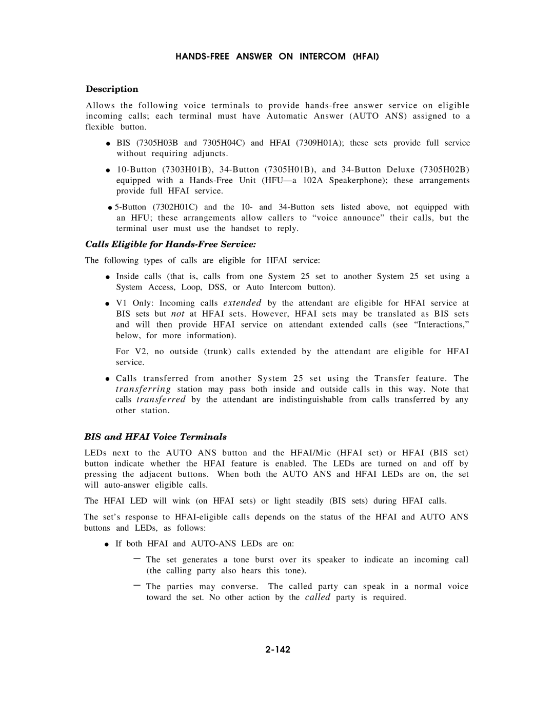 AT&T AT&T manual Calls Eligible for Hands-Free Service, BIS and Hfai Voice Terminals, 142 