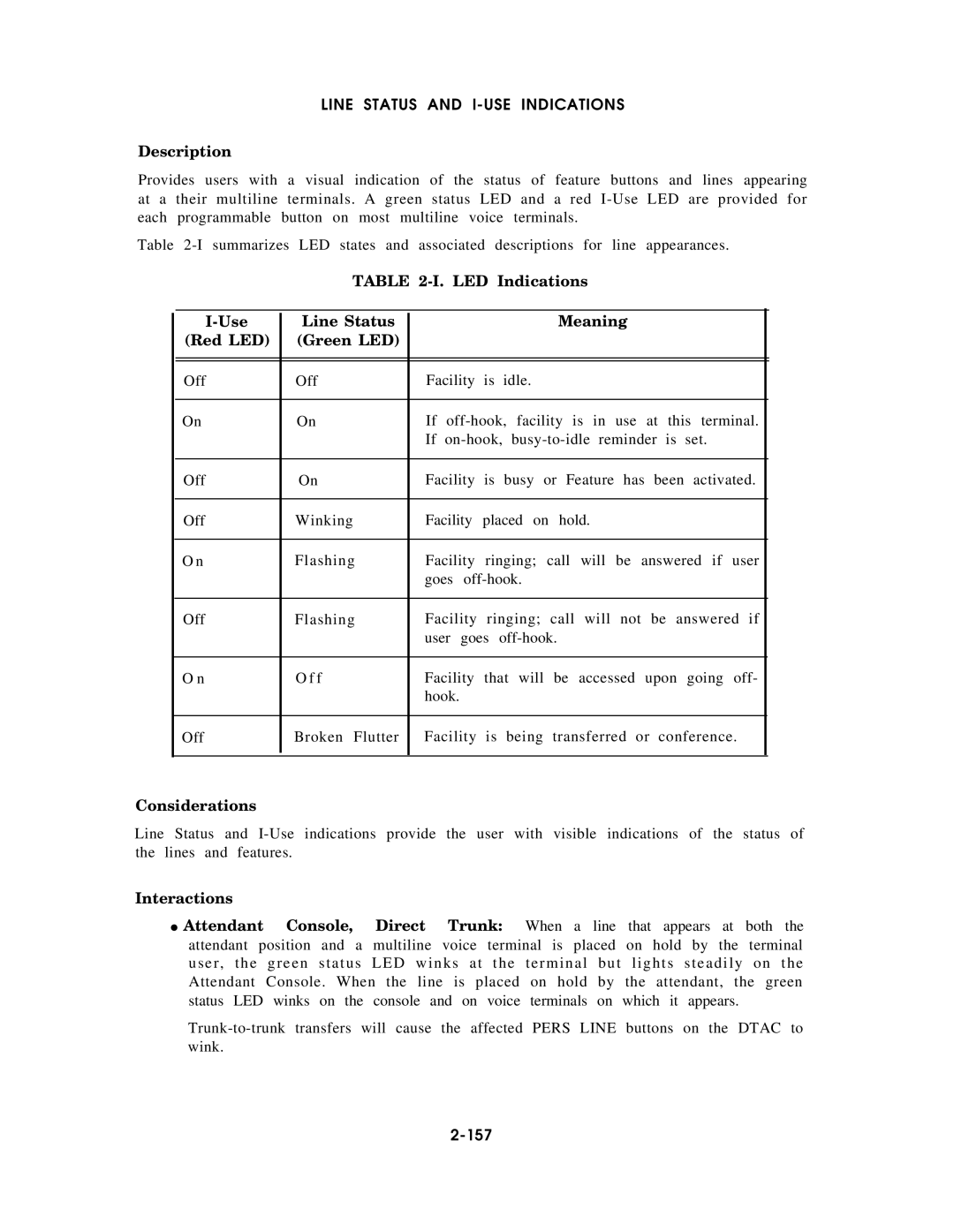 AT&T AT&T manual L-USE Indications, LED Indications, Use Line Status Meaning Red LED Green LED, 157 