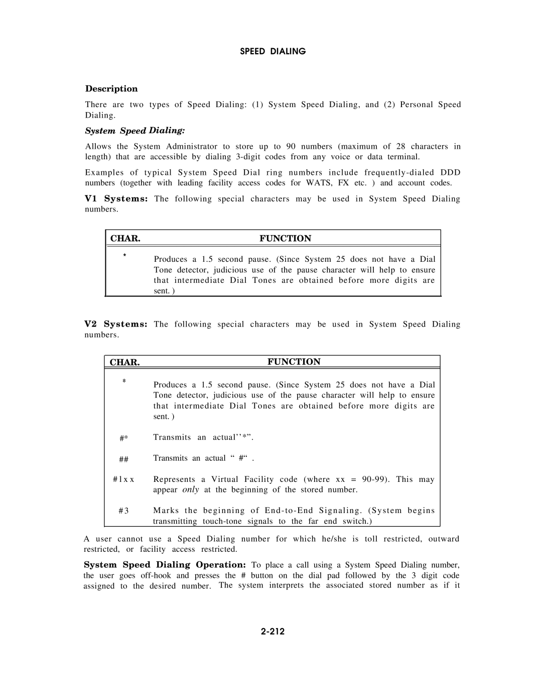 AT&T AT&T manual System Speed Dialing, Char.Function, Char Function, 212 