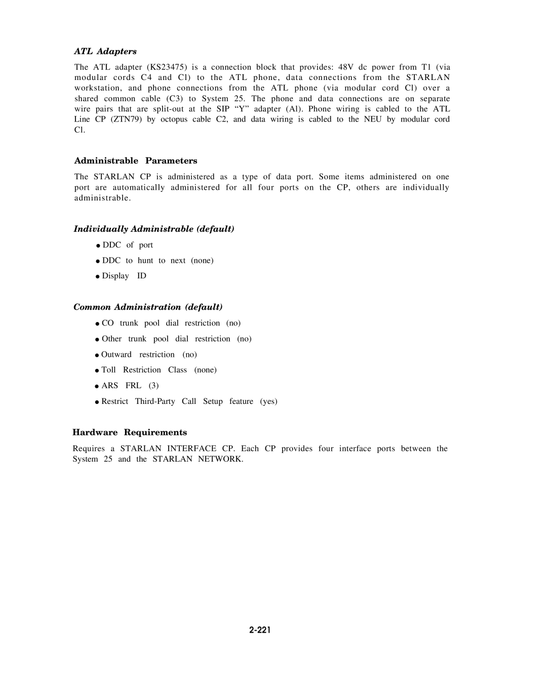 AT&T AT&T ATL Adapters, Administrable Parameters, Individually Administrable default, Common Administration default, 221 