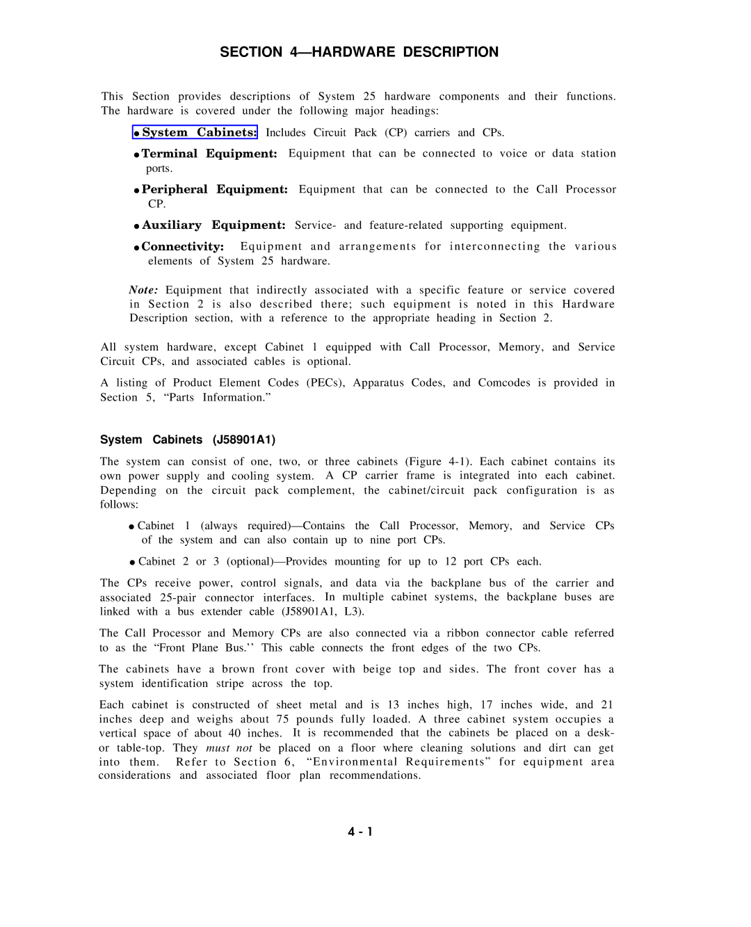 AT&T AT&T manual Hardware Description, System Cabinets J58901A1 