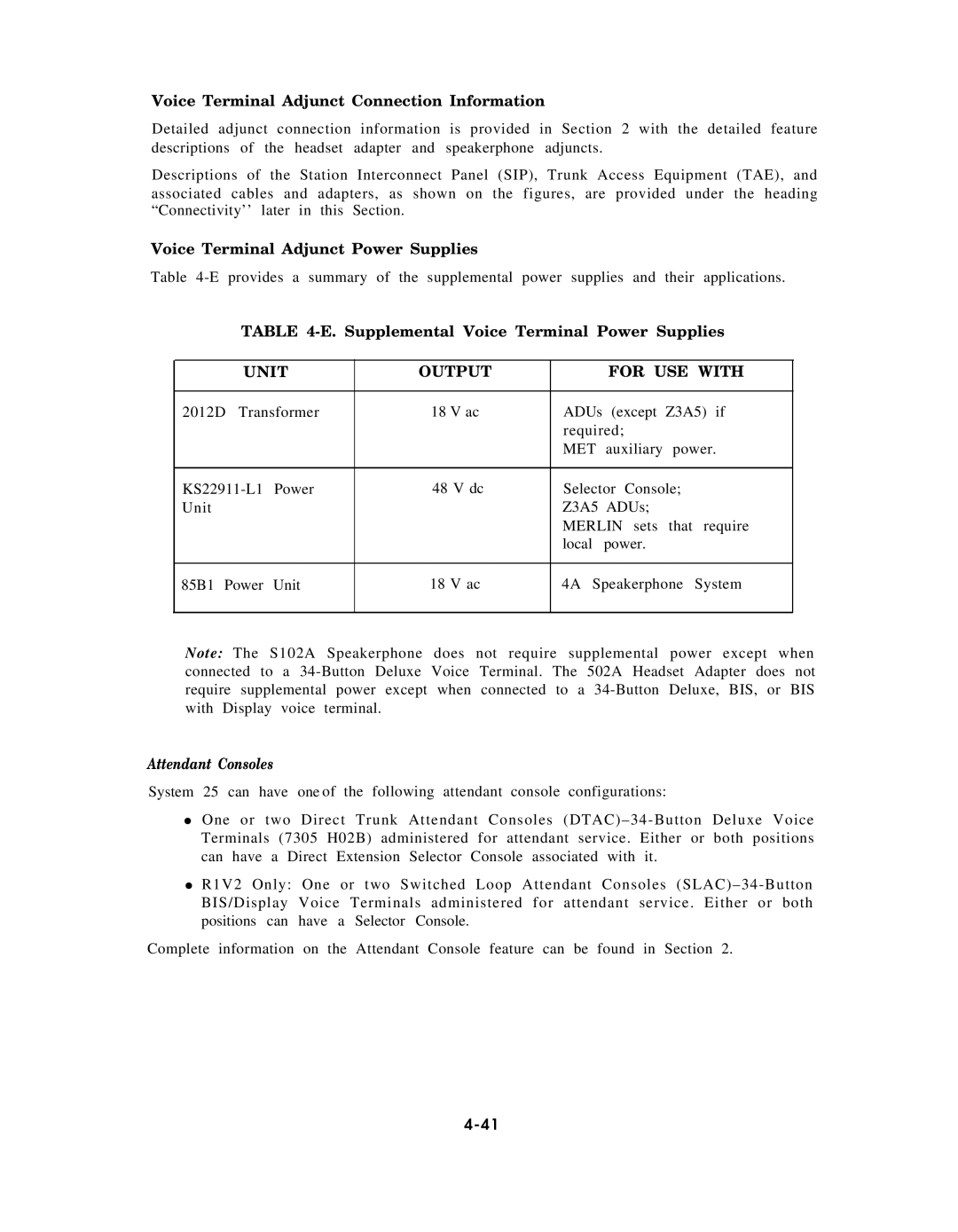 AT&T AT&T Voice Terminal Adjunct Connection Information, Voice Terminal Adjunct Power Supplies, Unit Output For USE with 