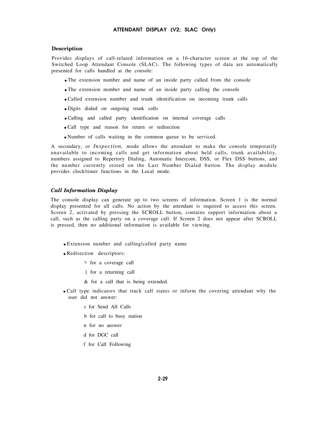 AT&T AT&T manual Attendant Display V2 Slac Only, Call Information Display 