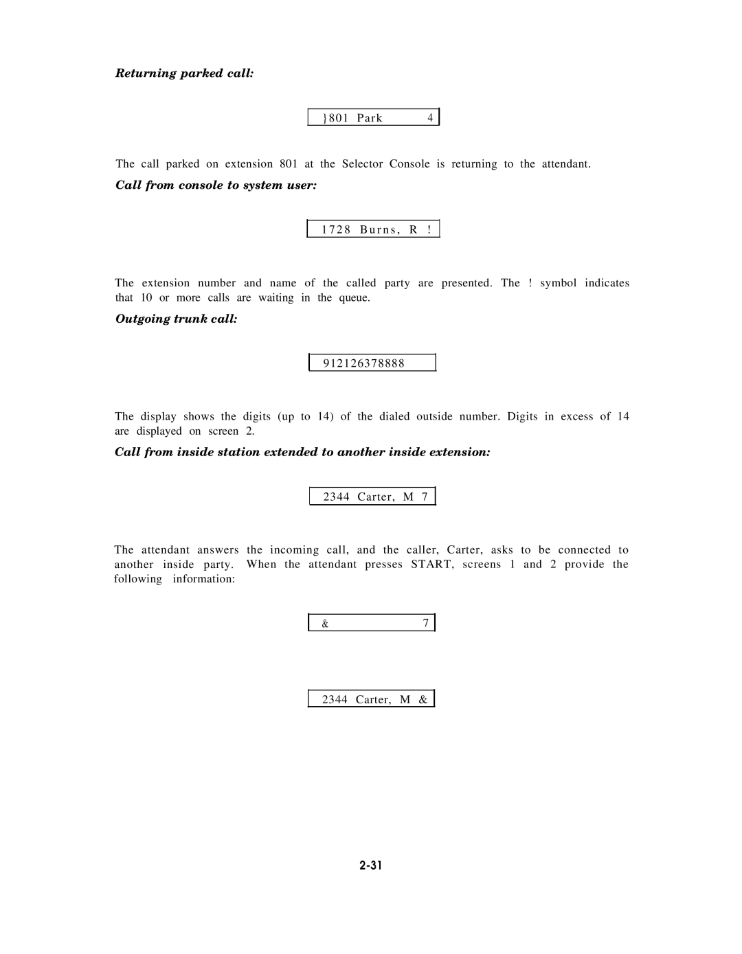 AT&T AT&T manual Returning parked call, Call from console to system user, Outgoing trunk call 