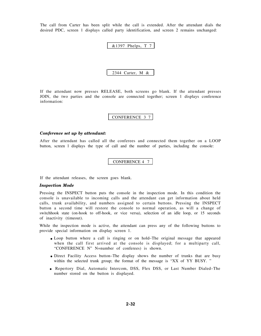 AT&T AT&T manual Conference 3, Conference set up by attendant, Conference 4, Inspection Mode 